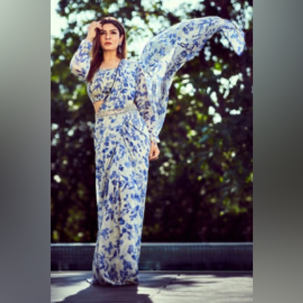 Paulmi & Harsh Indigo Bird pre-draped saree